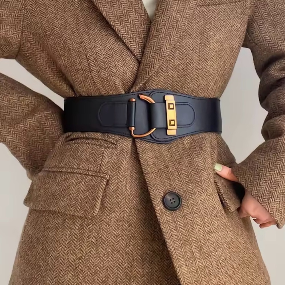 Wide Black Faux Leather Waist Belt with Gold Hardware